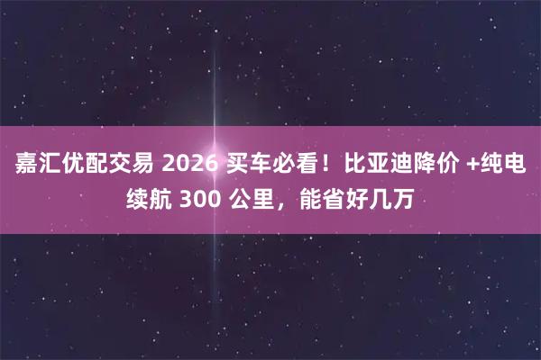 嘉汇优配交易 2026 买车必看！比亚迪降价 +纯电续航 300 公里，能省好几万